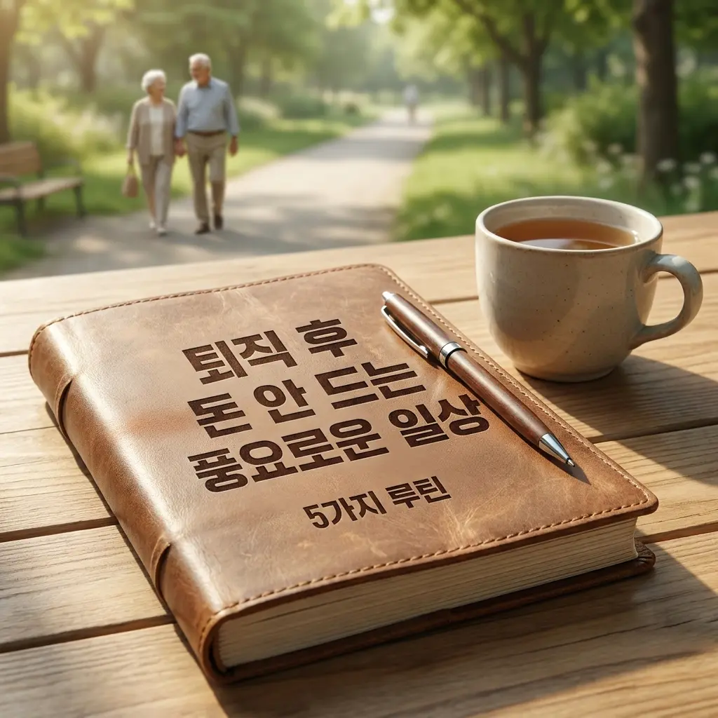 따뜻한 햇살이 비치는 공원을 산책하는 은퇴 부부의 모습이 배경으로 보이고, 앞쪽 나무 테이블 위에는 차 한 잔과 펜, 그리고 '퇴직 후 돈 안 드는 풍요로운 일상 5가지 루틴'이라고 적힌 가죽 다이어리가 놓여 있는 모습. 은퇴 후 생활비 부담 없이 하루를 알차게 채우는 방법을 설명하는 썸네일 이미지.