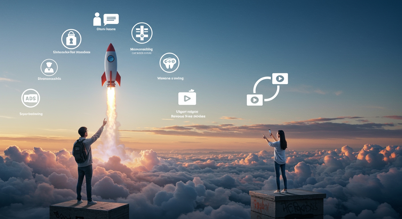 2025년 유튜브 수익 극대화를 위한 다변화 전략과 시청자 참여, 쇼츠 활용 방안을 나타내는 비즈니스 일러스트.