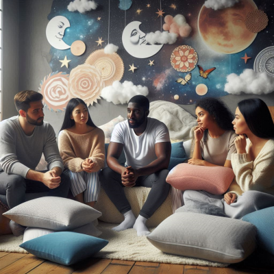 여러 사람이 편안한 공간에서 책과 차를 나누며 꿈에 대해 이야기하는 모습.