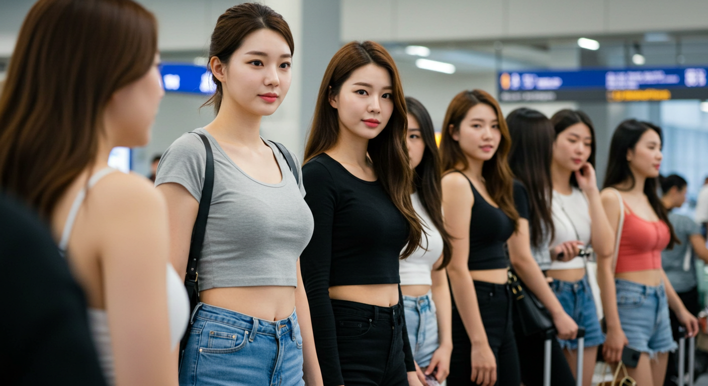 비행기 게이트에 서있는 미녀들