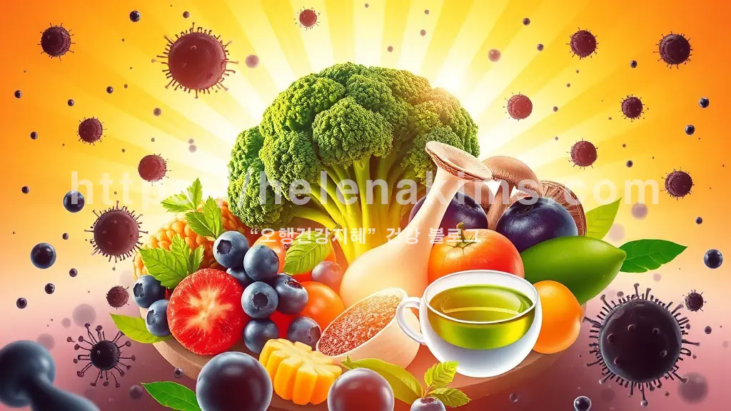 나무 탁자 위에 브로콜리, 딸기, 블로베리, 마늘 등 싱싱한 채소와 과일들이 놓여 있는 모습.