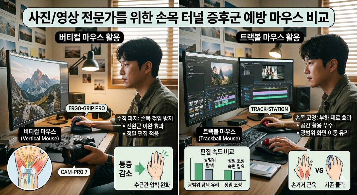 장시간 중량 장비를 다루는 사진 및 영상 전문가를 위한 손목 터널 증후군 예방 전략과 작업 효율을 고려한 특수 마우스 비교 분석