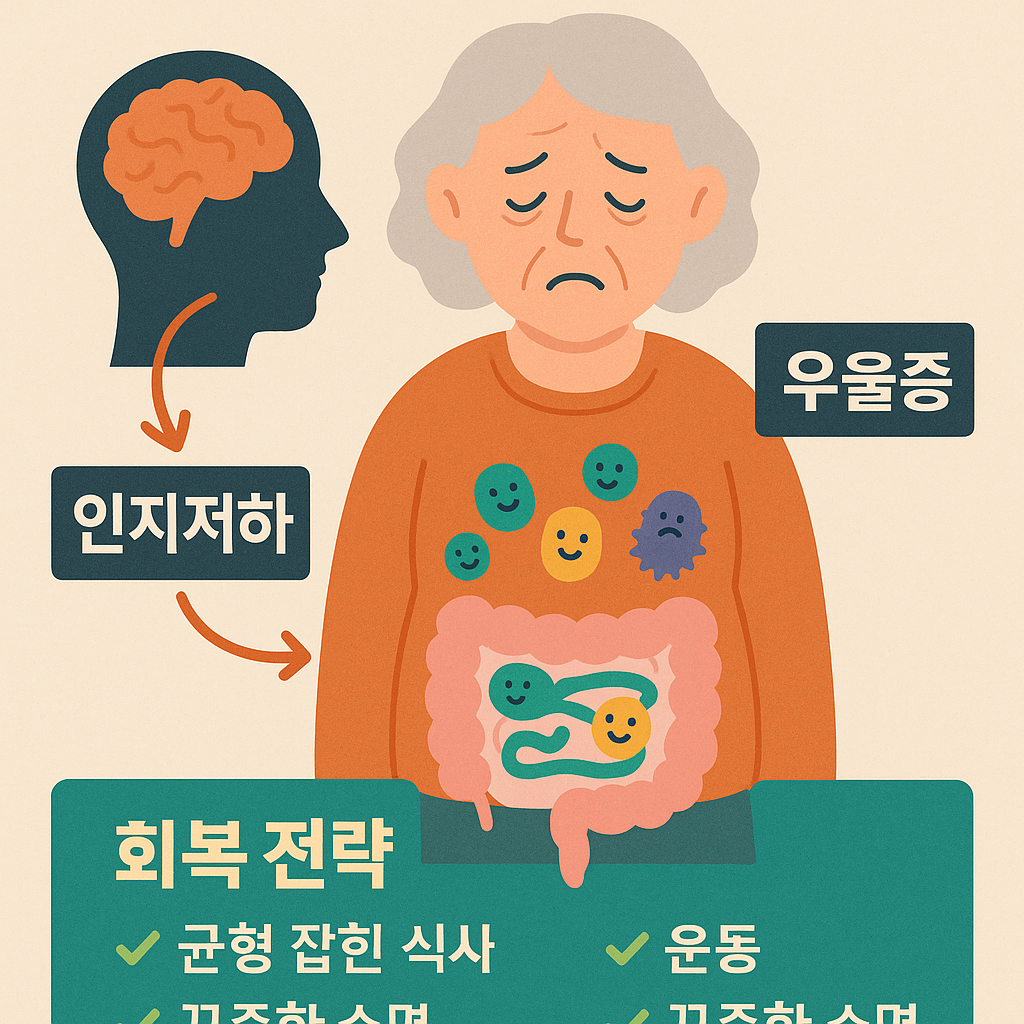 노년기 장내 미생물과 인지 기능 저하의 관계를 설명한 이미지. 장 건강과 치매 예방 시각 자료.