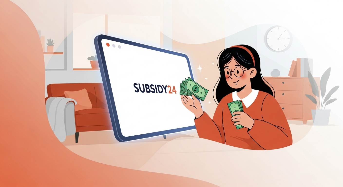 보조금24 앱에서 숨은 정부 지원금을 찾아 기뻐하는 사람의 모습. 디지털 화면에 나타난 혜택에 밝게 웃는 표정이 희망적이다.