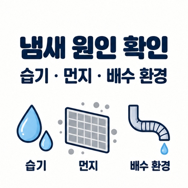 습기와 먼지, 생활 냄새, 배수 환경이 냄새 원인이 될 수 있다는 안내 일러스트