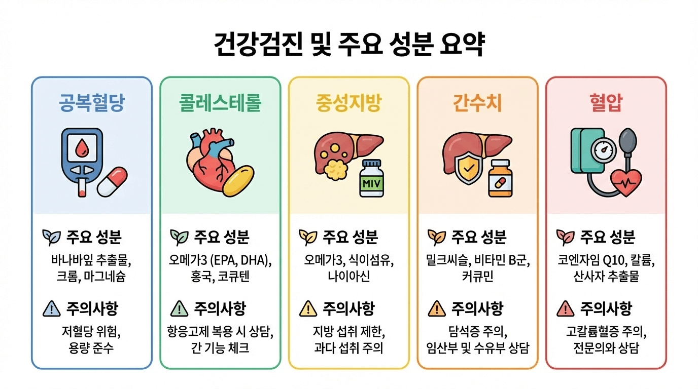 공복혈당 콜레스테롤 중성지방 간수치 혈압 5대 항목별 1순위 성분과 주의사항 요약