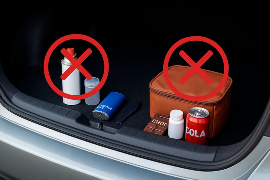 차량 트렁크에 보관하면 위험할 수 있는 휘발성 제품과 식품류를 X 표시로 안내하는 이미지