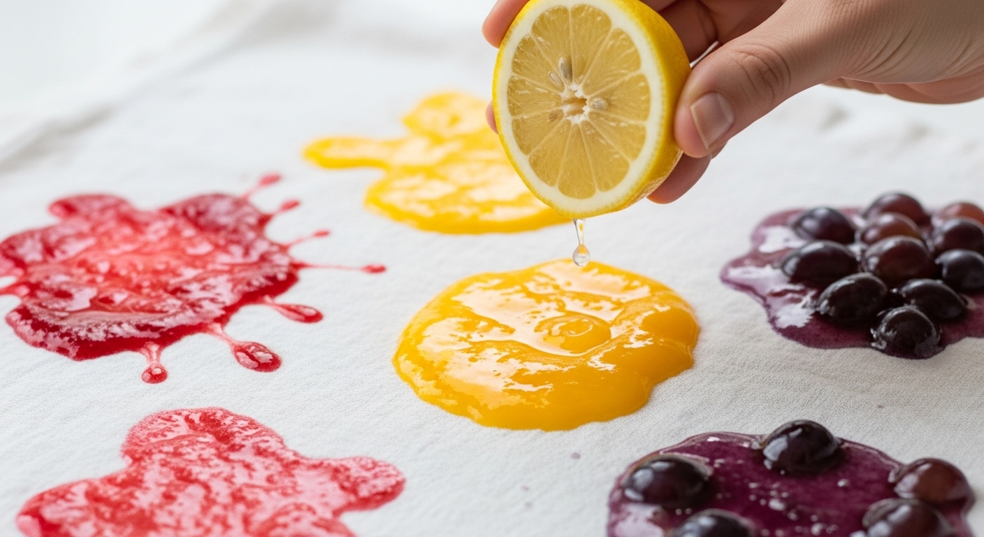 흰 천에 묻은 과일즙 얼룩에 레몬즙을 떨어뜨려 제거하는 모습.