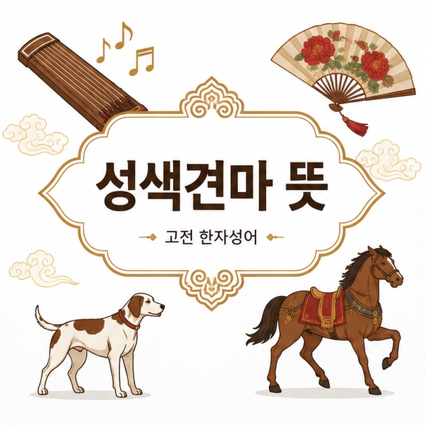 옛 악기와 화려한 오락, 개와 말을 함께 배치해 사치와 향락을 뜻하는 성색견마를 표현한 이미지