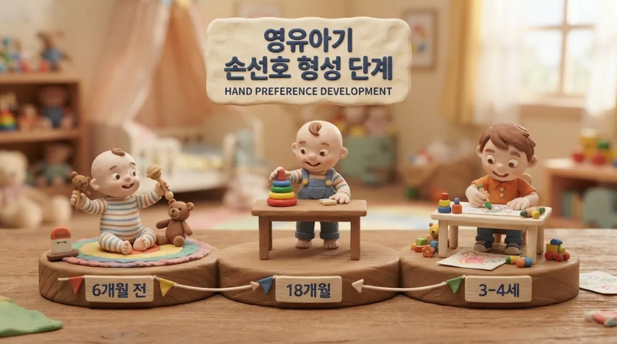 영유아기 손선호도 발달 단계 인포그래픽 — 생후 6개월 양손 혼용, 18개월 일차적 선호, 3~4세 고정 단계로 이어지는 타임라인을 클레이 베이비 캐릭터로 표현한 아드만 스타일 애니메이션