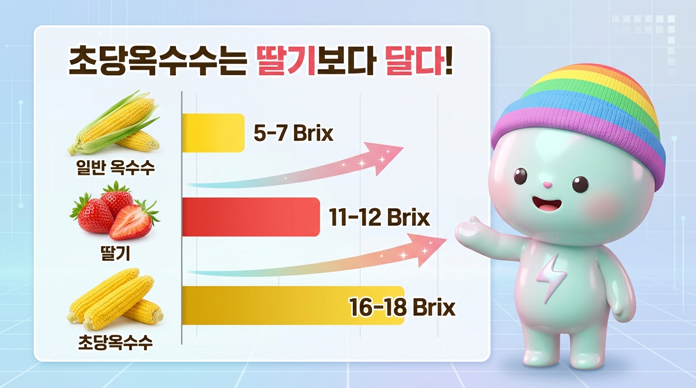 쫀쿠가 다양한 식품의 당도(브릭스 척도) 비교 차트를 제시하는 장면. 세 가지 항목이 시각적 당도 표시와 함께: 일반 옥수수(5-7 브릭스, 노란색 막대), 딸기(11-12 브릭스, 빨간색 막대 더 높음), 초당옥수수(16-18 브릭스, 황금색 막대 가장 높음). 각 항목은 신선한 농산물과 브릭스 숫자가 명확하게 라벨링. 한글 텍스트: '초당옥수수는 딸기보다 달다!'.