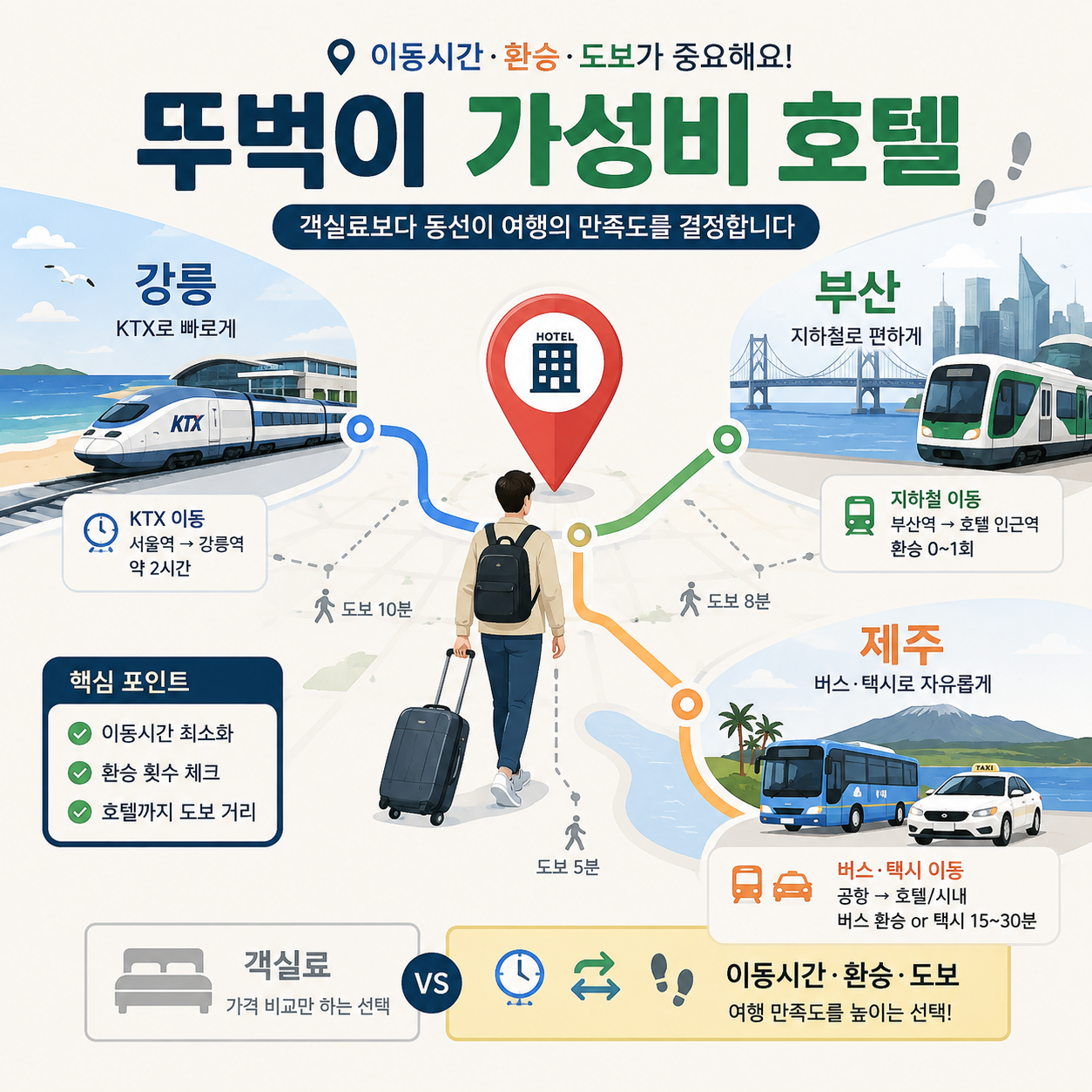 2026 뚜벅이 가성비 호텔과 강릉 부산 제주 역 지하철 도보 숙소를 비교한 대표 이미지