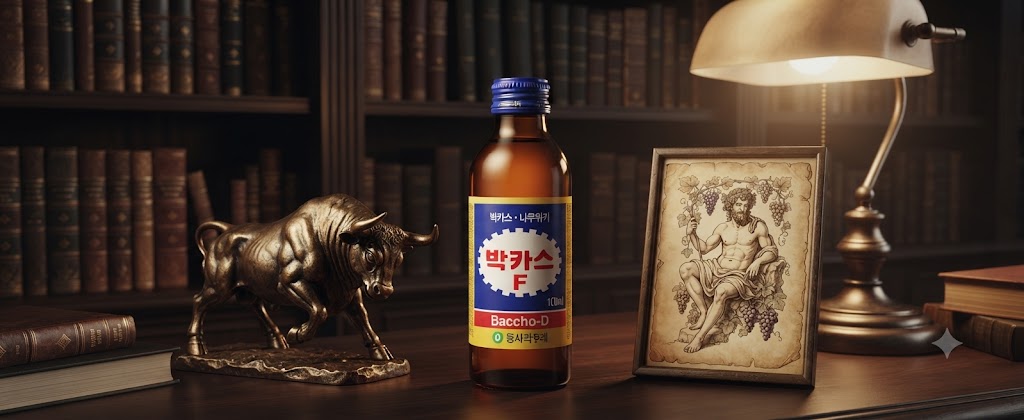 이안 박의 서재 책상 위, 박카스 실물 병이 강인한 청동 황소 조각상 및 로마 신화 속 바쿠스(디오니소스) 그림과 함께 놓여 있다. 타우린(Taurus) 성분과 신화적 이름의 유래를 시각적으로 연결한다.