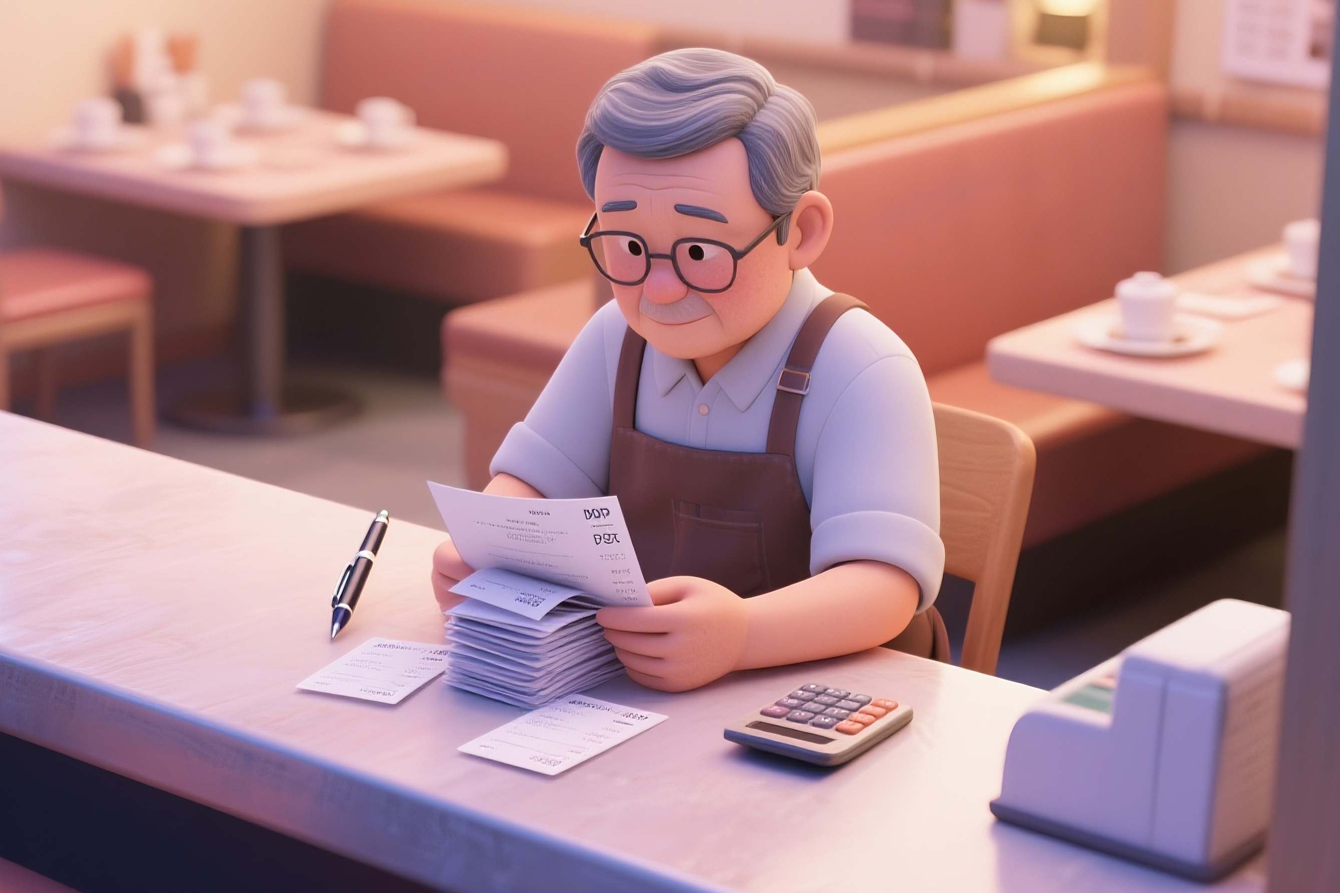 소상공인이 포스기 영수증과 계산기를 보며 민생회복지원금 매출 세금을 확인하는 모습