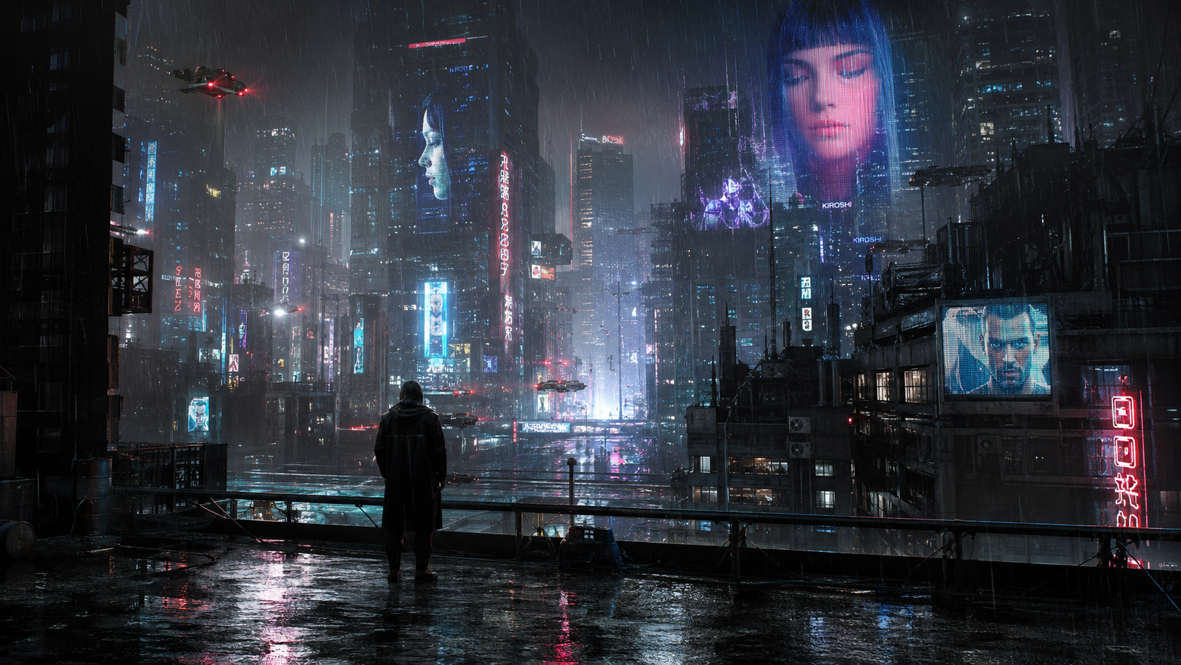 영화 블레이드 러너 2049 분위기의 네온 홀로그램이 가득한 어두운 비 내리는 사이버 디스토피아 도시 전경