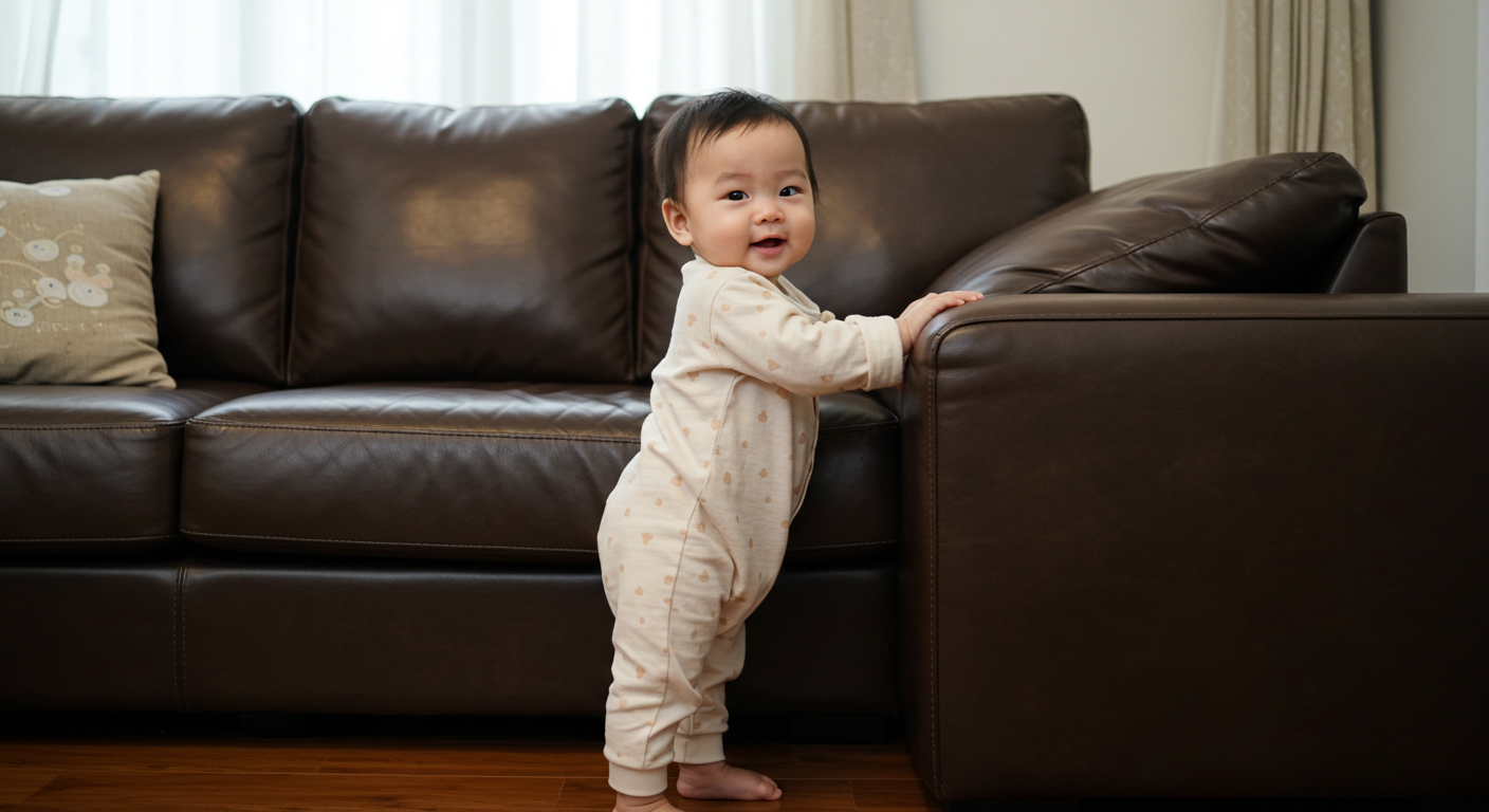 돌 정도 된 아기가 쇼파를 잡고 서있는 사진