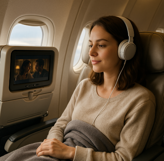 비행기에서 여유롭게 영화를 보고있는 사진