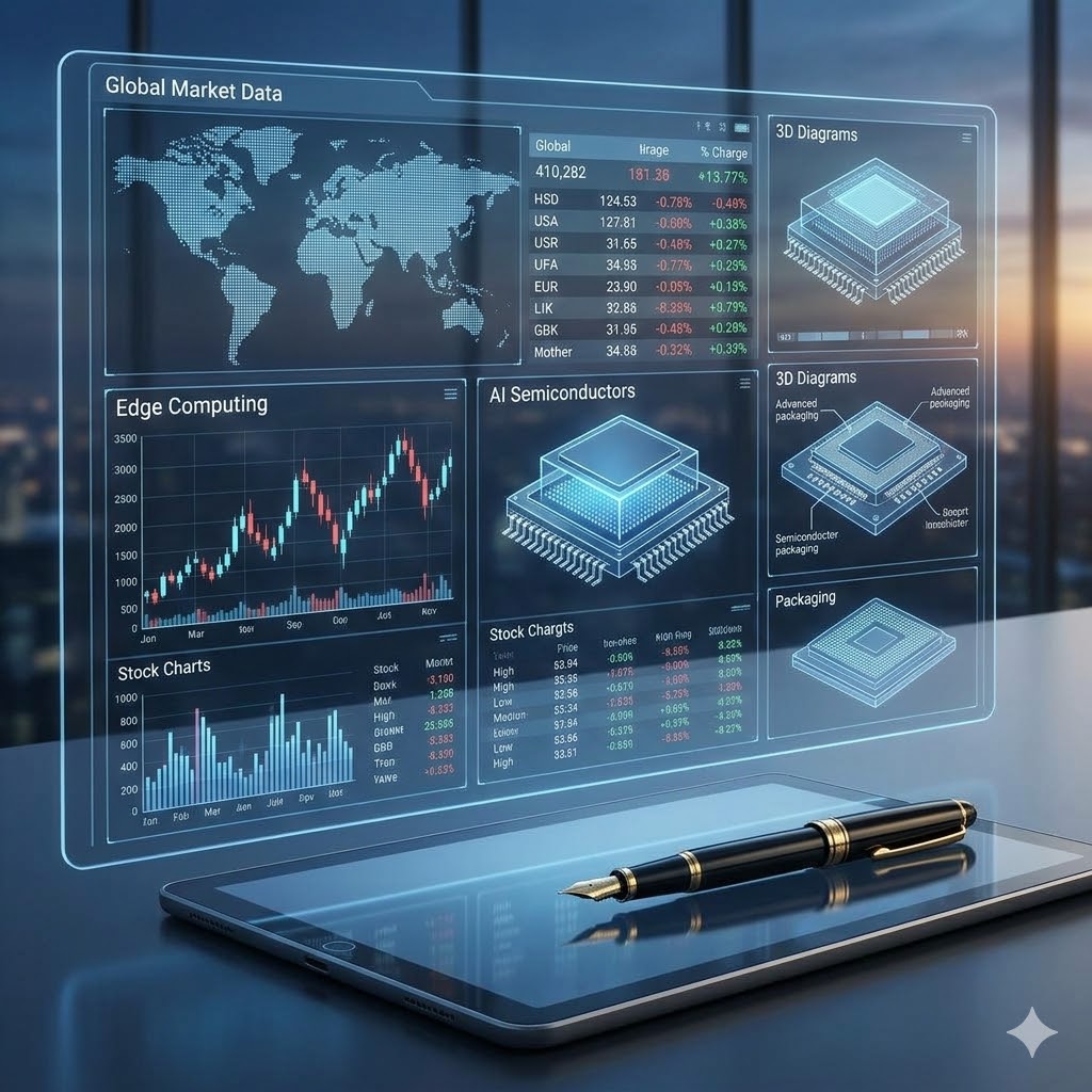 A sophisticated and detailed 1:1 image of a transparent, multi-layered digital interface displaying complex global market data, stock charts for "Edge Computing" and "AI Semiconductors," and 3D diagrams of advanced semiconductor packaging. A high-end fountain pen rests on a digital tablet next to it.