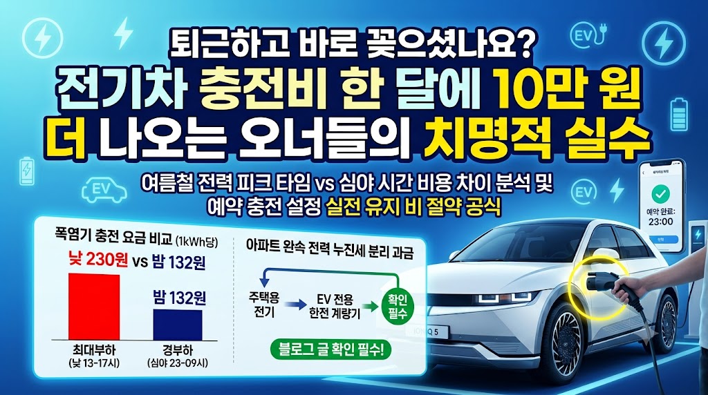 한여름 밤 kwh당 100원 아끼는 전기차 완속 급속 충전 요금 단가표 및 누진세 회피 공식. 썸네일.