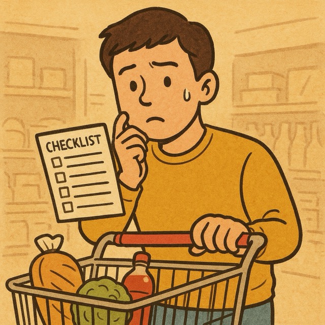 쇼핑 카트를 끌며 체크리스트를 들고 고민하는 남성