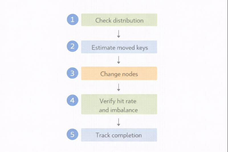 노드별 분포 확인 → 키 이동량 추정 → 리밸런싱 검증 흐름