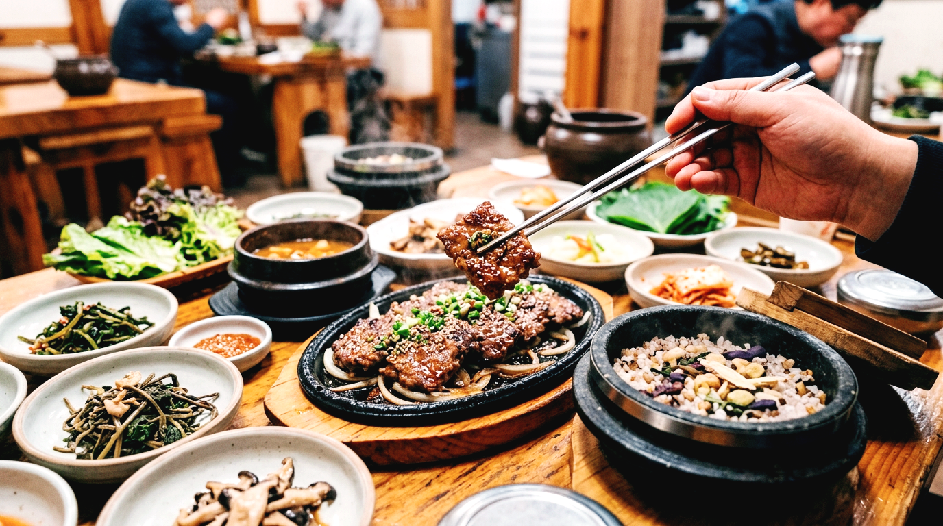 제천 현지 식당에서 차려진 정갈한 약채락 비빔밥과 떡갈비 상차림의 모습