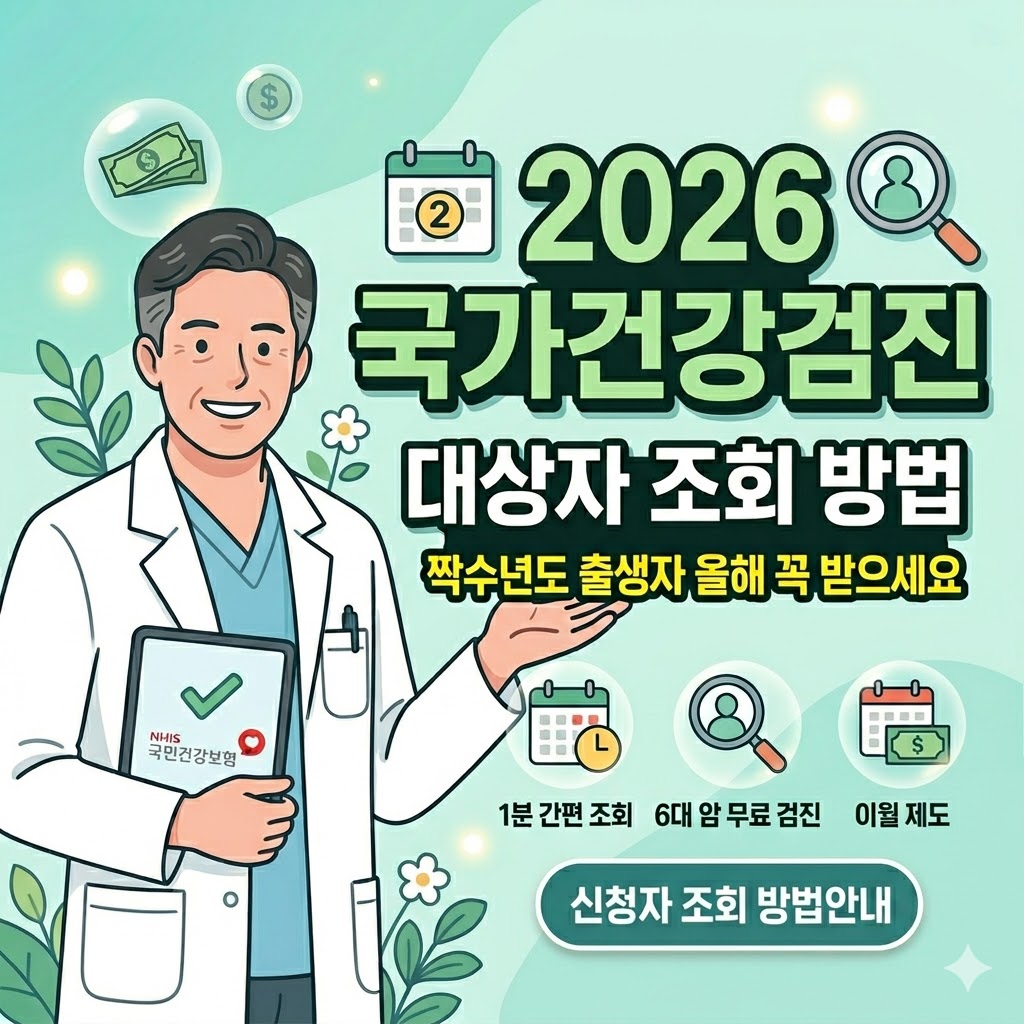 2026 국가건강검진 대상자 조회 방법'이라는 크고 굵은 제목과 함께, 노트북을 앞에 두고 웃으며 '국민건강보험' 태블릿을 들어 보이는 의사 일러스트가 그려진 정사각형 썸네일. 제목 아래 '짝수년도 출생자 올해 꼭 받으세요'라는 부제와 함께, 주변에 코인, 달력, 시계, 돋보기 등 다양한 아이콘이 배치되어 있습니다. 중앙 하단에는 '1분 간편 조회', '6대 암 무료 검진', '이월 제도'라는 설명과 아이콘이 있고, 가장 하단에는 '신청자 조회 방법 안내' 버튼이 있습니다.
