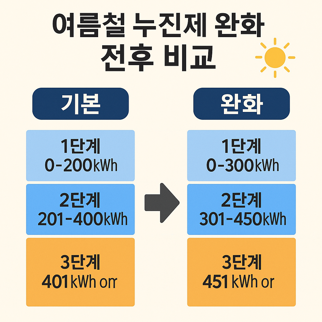 여름철 전기요금 누진제 완화 전과 후의 구간 변경 내용을 비교한 시각적 인포그래픽 (기본 200&rarr;300kWh&amp;#44; 3단계 조정 등)