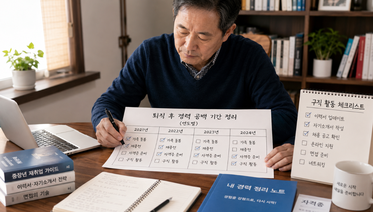 중장년 구직자가 경력 공백 기간을 연도별로 정리하며 재취업 준비를 하는 장면