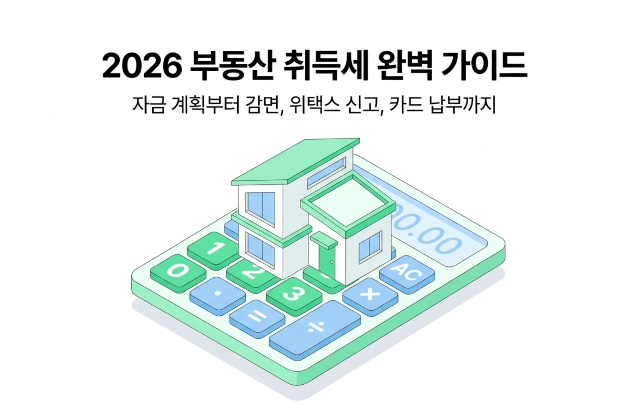 2026 부동산 취득세 완벽 가이드 대표 이미지. 집 모양 건물과 계산기가 결합된 일러스트로 부동산 취득세 계산을 시각적으로 표현하고 있다. 이 글에서는 1주택부터 다주택자까지 취득세율표와 실제 계산 방법 그리고 생애최초 감면 조건과 위택스 신고 절차 및 카드 납부 할부 활용법까지 2026년 최신 기준으로 한눈에 정리한다