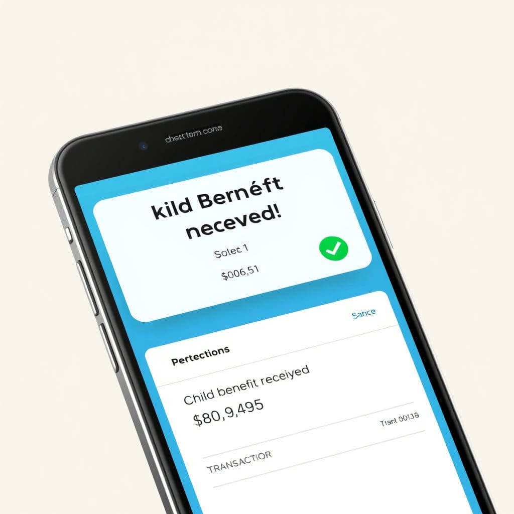 스마트폰 화면에 은행 앱 푸시 알림으로 자녀장려금 입금 메시지가 표시된 모습입니다. 또는 통장 내역에 자녀장려금으로 보이는 금액이 찍혀 있는 모습을 보여줄 수도 있습니다. 지급 완료 시점의 기쁨과 안도감을 표현합니다. 사실적인 스마트폰 화면 렌더링 또는 깔끔한 디자인 스타일입니다.