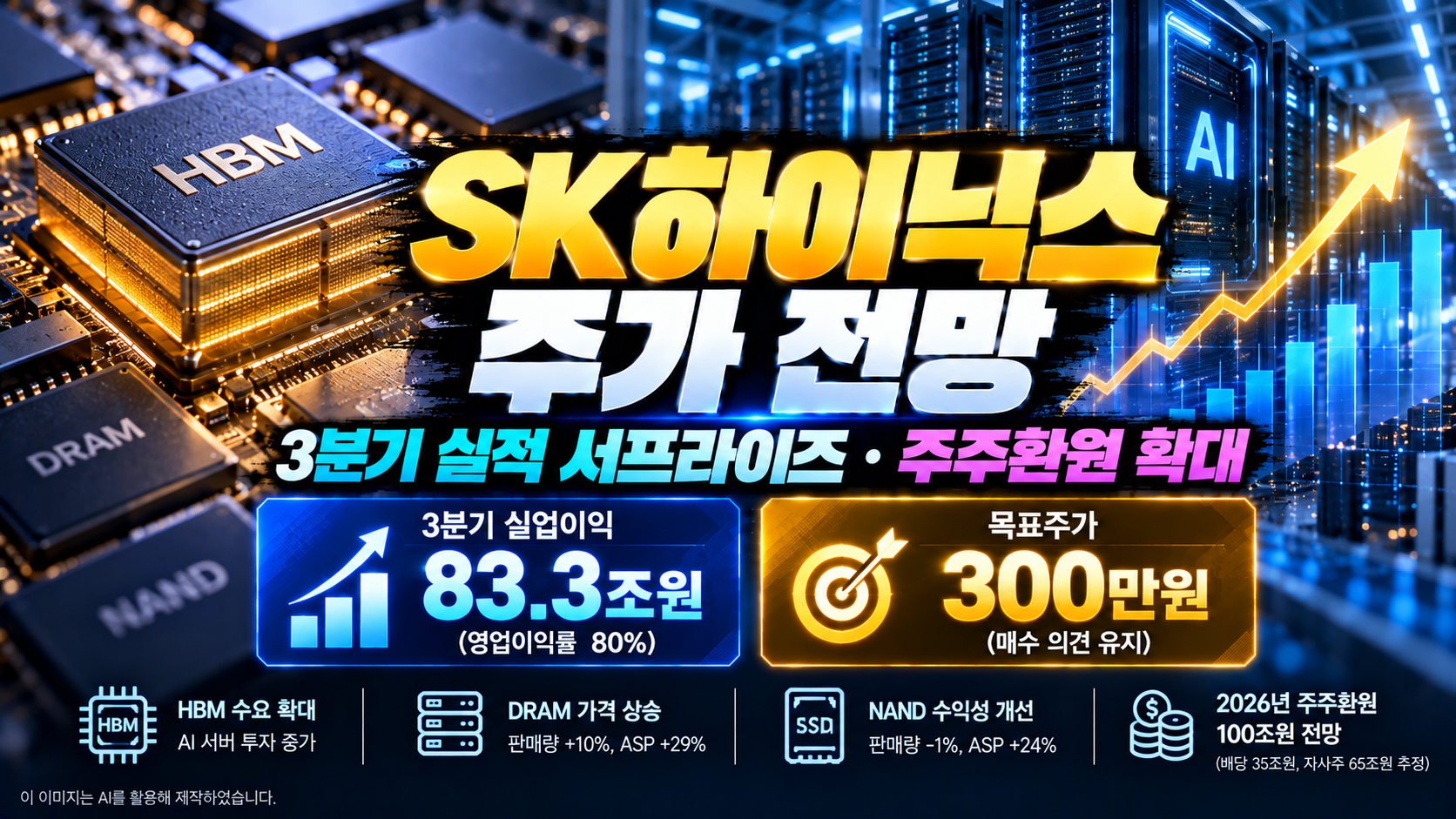 SK하이닉스(000660) 주가 전망 및 기업분석, 2026년 3분기 영업이익 83.3조 원과 영업이익률 80%, 대신증권 목표주가 300만 원 유지, HBM 수요 확대와 DRAM·NAND 가격 상승, 주주환원 100조 원 전망
