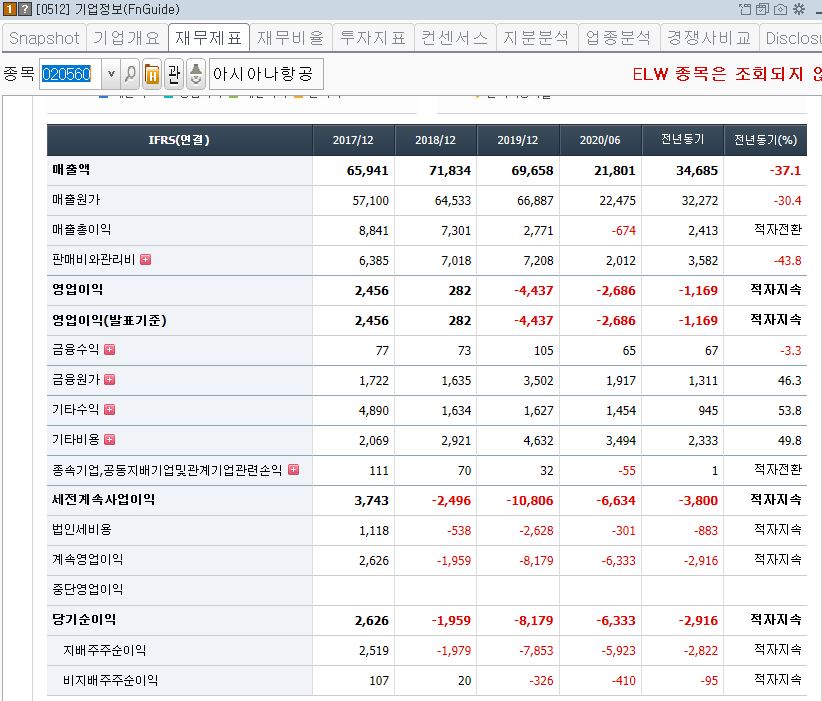 당기순이익 손실이 지속되고 있는 대한항공