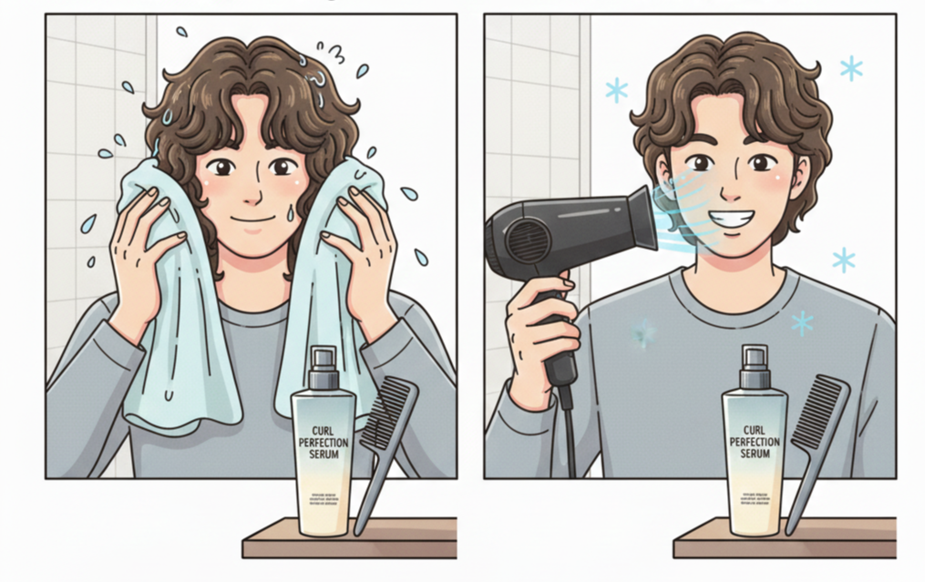 극세사 타월로 머리카락을 문지르지 않고 꾹꾹 눌러 물기를 제거하는 남자 모습(블롯팅)과 드라이기로 찬 바람을 쐬고 있는 모습