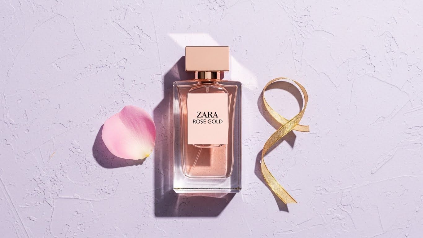 가볍고 질감이 있는 보라색 배경에 장미 꽃잎과 황금 리본과 같은 미묘한 요소 옆에 시크하고 모던한 향수병