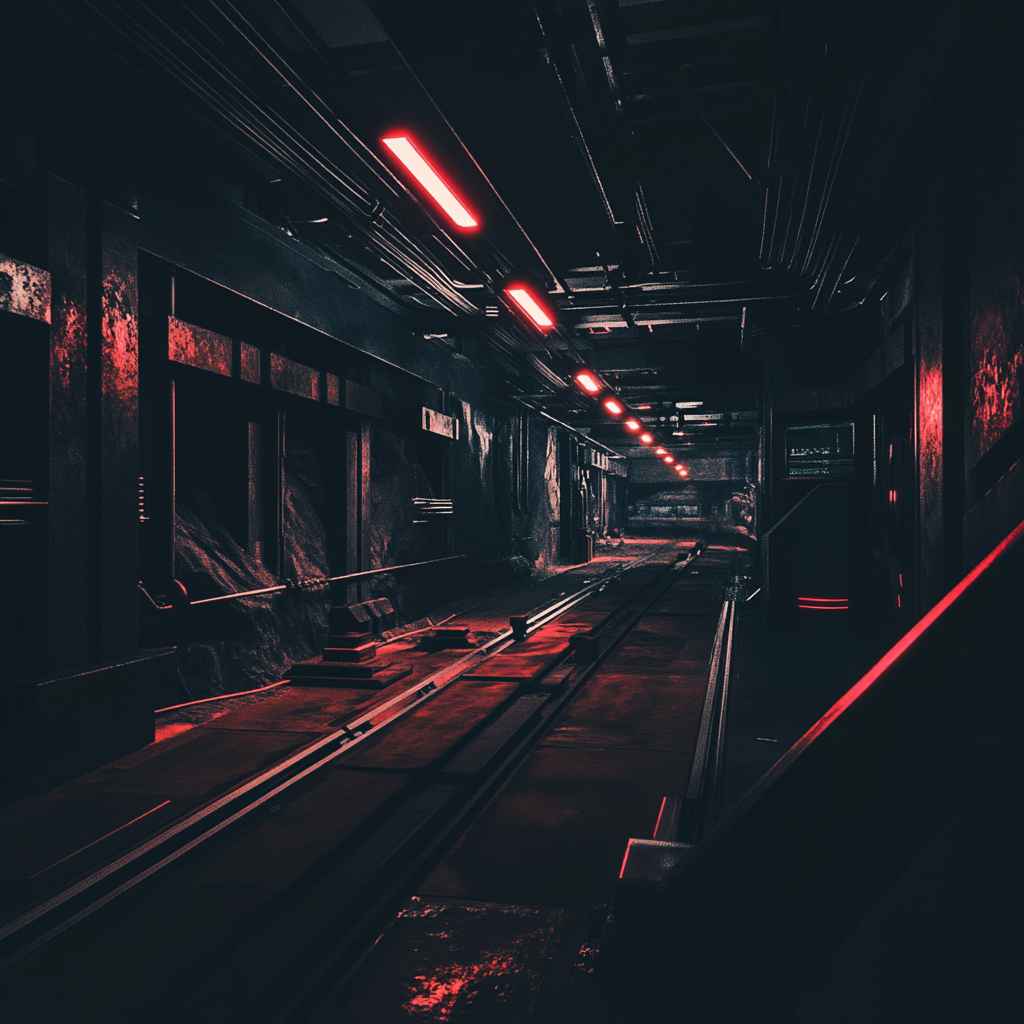 지하철-터널-빨간조명-미래도시-사이버펑크-분위기