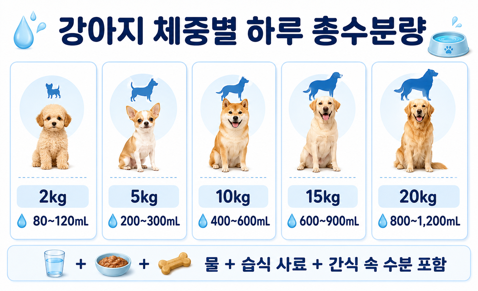 강아지 체중별 하루 총수분량 1kg당 40~60mL 비교