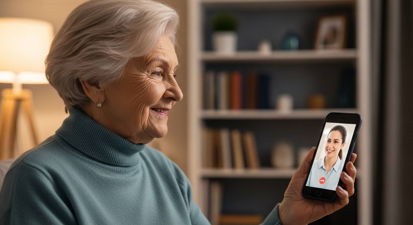 스마트폰으로 AI 화상통화를 하며 배경과 조명이 깔끔하게 보정된 시니어의 모습