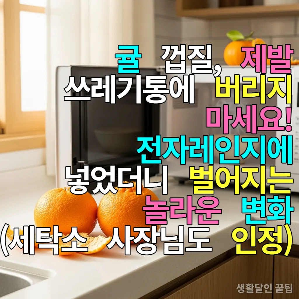 전자레인지 앞의 신선한 제주 귤 껍질과 천연 스팀 청소 효과를 보여주는 한국 주방 이미지