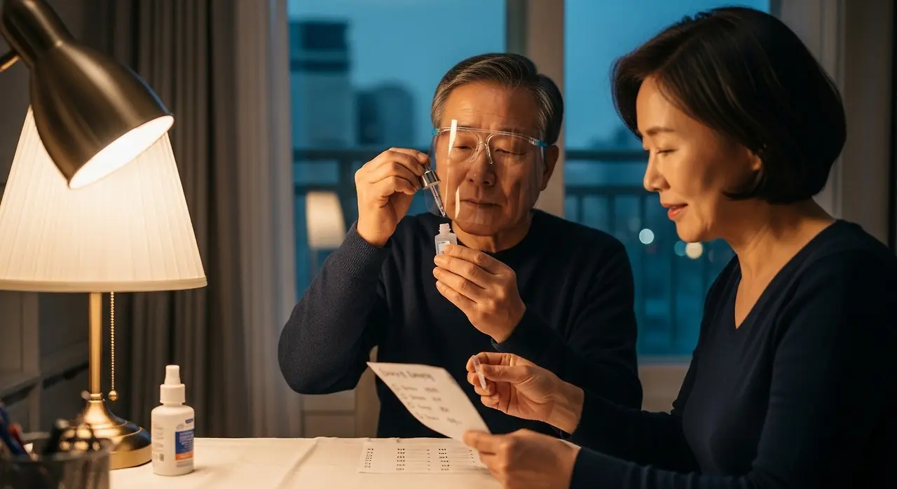 수술 다음 날 한국 가정의 거실, 보호안대를 착용한 60대 남성이 점안 전 손을 씻고 알람 시계를 확인하는 장면