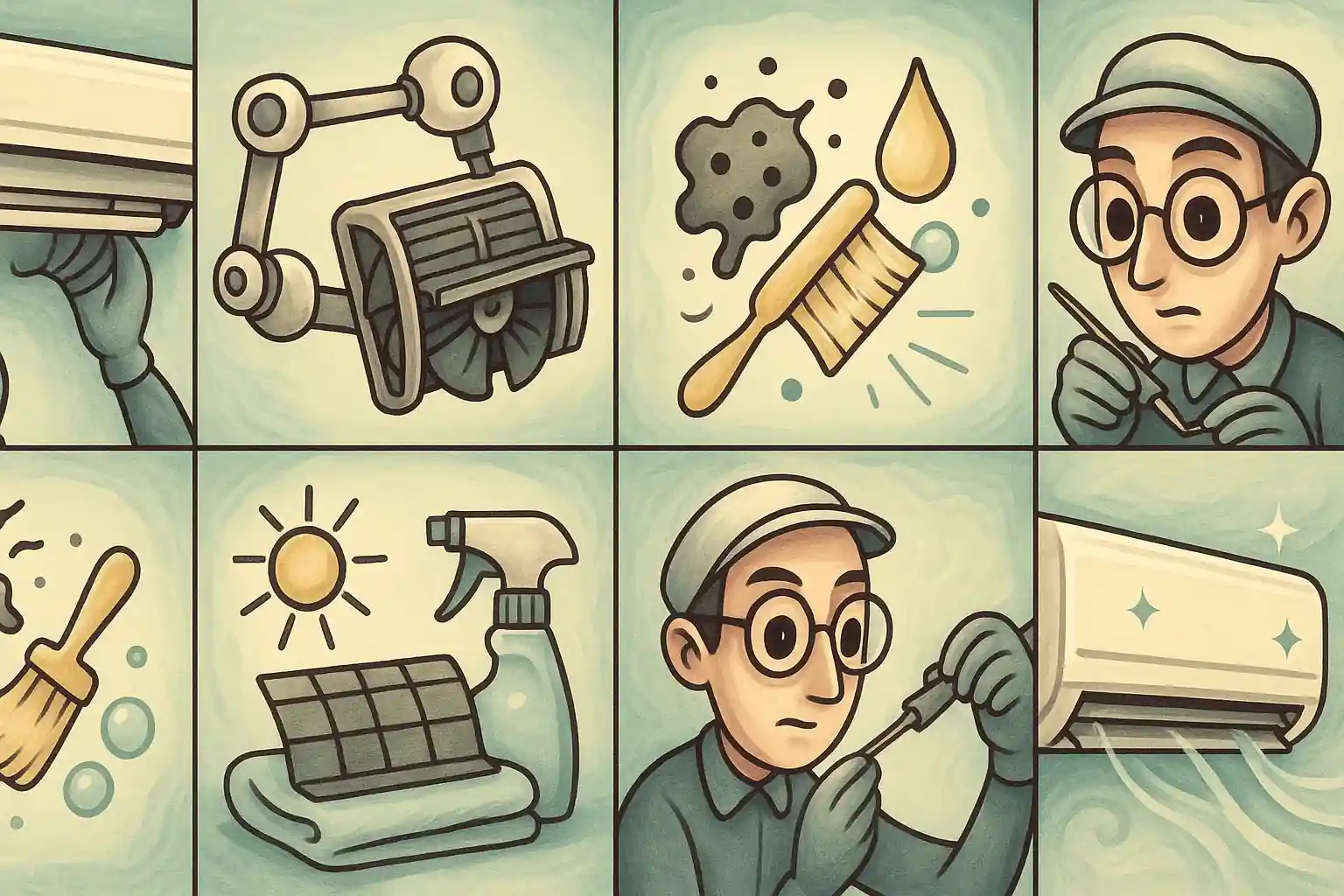 팀 버튼풍 스타일로 에어컨 청소 과정을 만화처럼 구성한 감성 일러스트