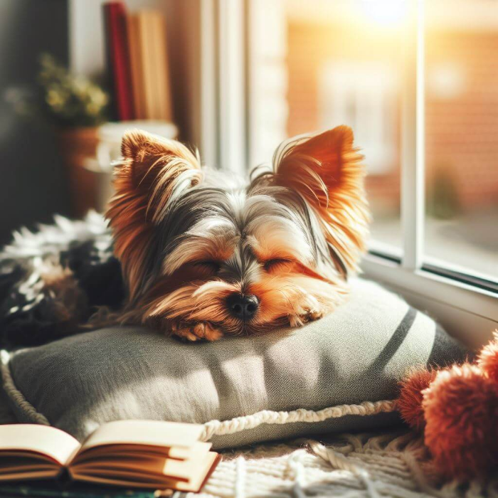 창가에서 자고 있는 요크셔 테리어