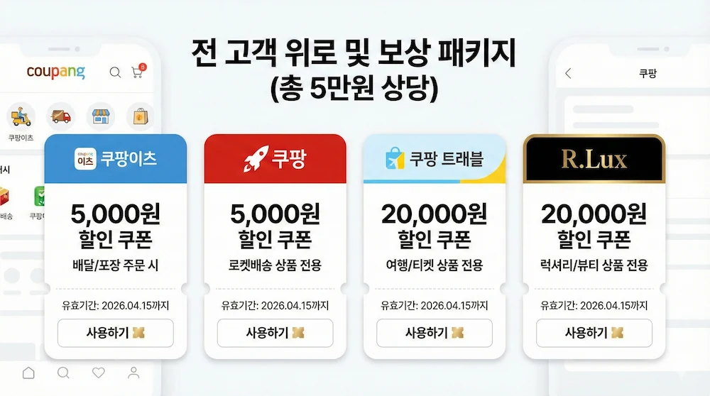 쿠팡 5만원 쿠폰팩 4종 구성 쿠팡이츠 트래블 알럭스