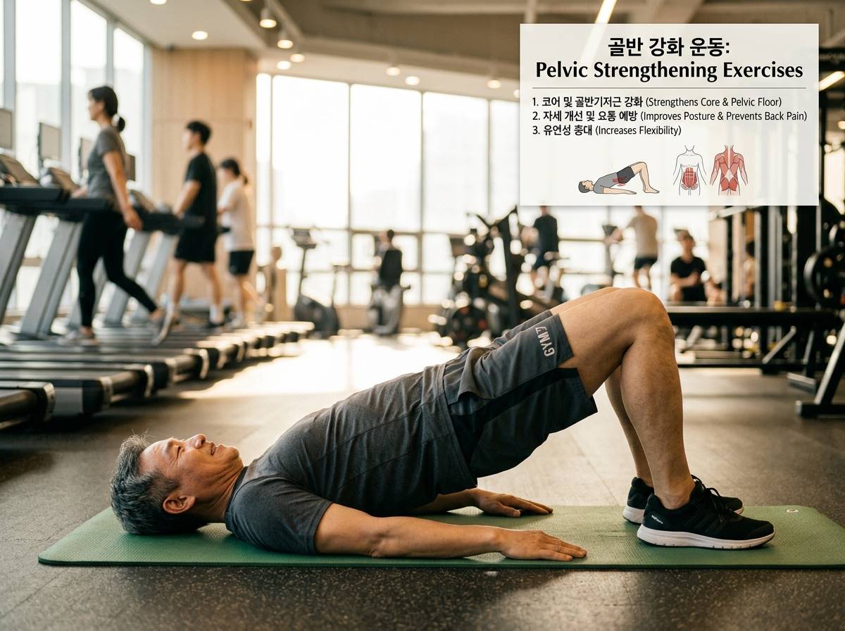 헬스장에서 중년 남성이 매트 위에서 스트레칭하는 모습