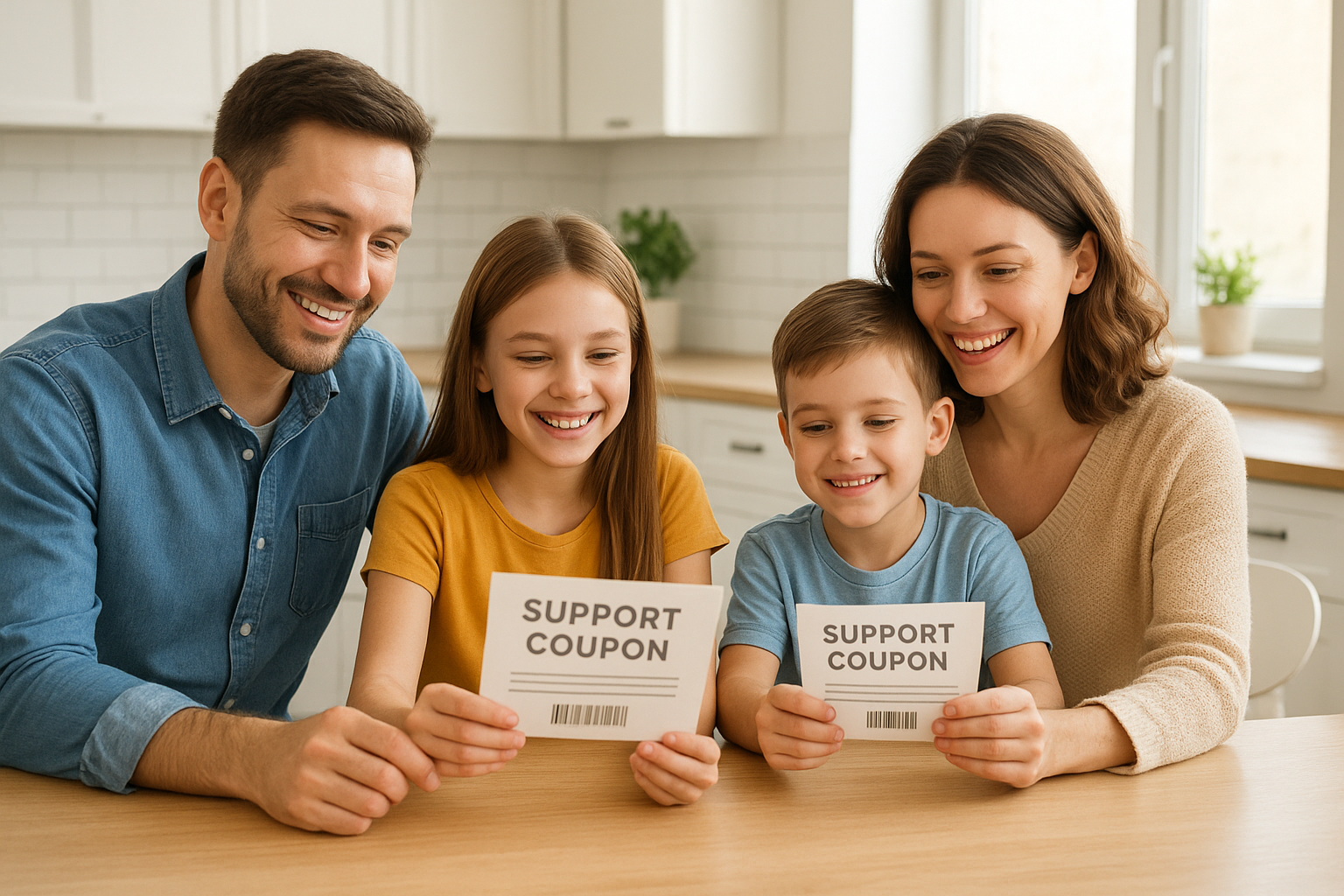 밝고 현대적인 분위기 속에서 정부 지원 쿠폰을 받은 가족