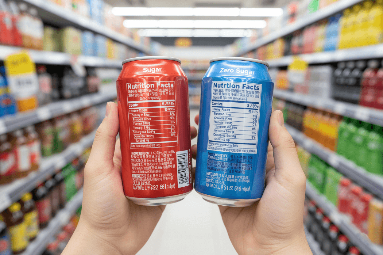 마트 음료 코너에서 한 손에는 일반 설탕 음료 캔을, 다른 손에는 제로슈가 음료 캔을 들고 뒷면 영양성분표와 원재료명을 비교해 보는 장면으로 제로슈가 제품 선택을 고민하는 모습을 담은 이미지