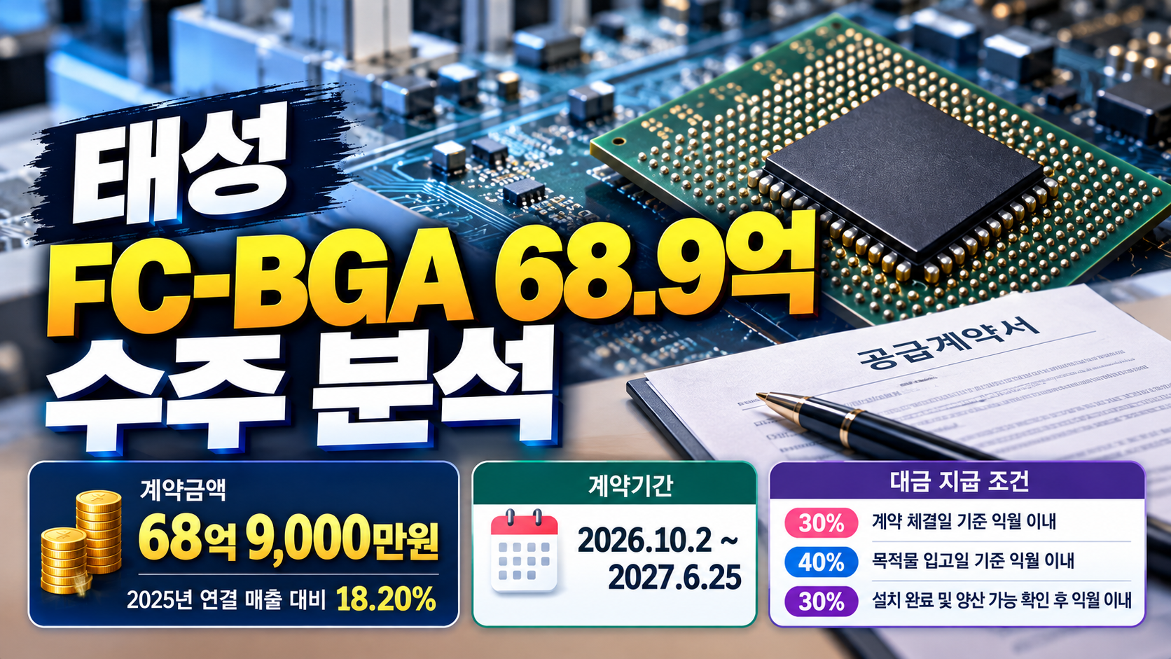 태성 FC-BGA용 기계장치 68억9천만원 공급계약과 계약기간 및 대금 지급조건을 정리한 이미지