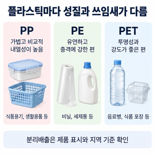 PP, PE, PET의 특징과 식품용기·비닐·음료병 등 대표 용도를 비교한 이미지