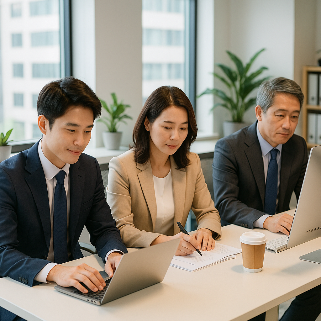 사무실에서 일하는 다양한 연령대의 한국 직장인. 양질의 일자리 정책 상징