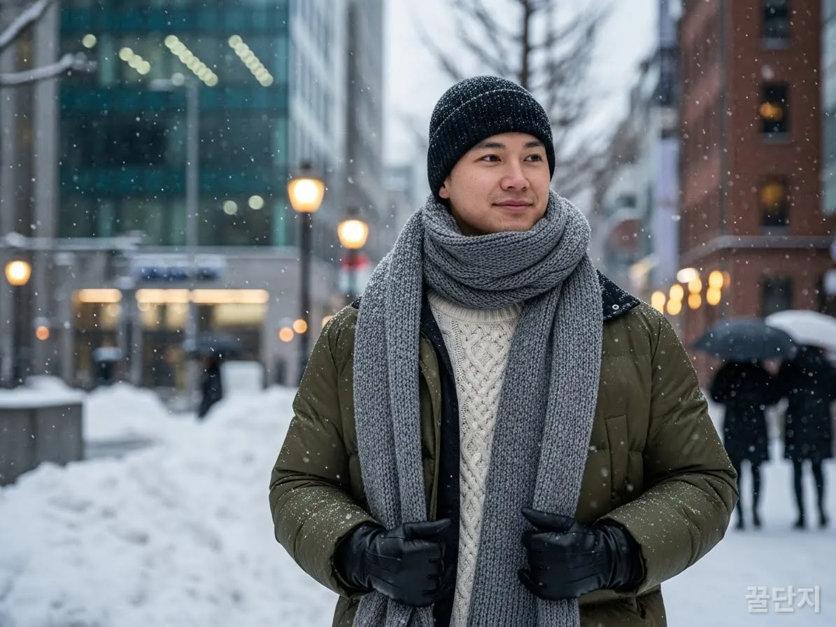 눈 내리는 서울 거리에서 따뜻하게 겹쳐 입은 겨울 옷차림을 한 한국인
